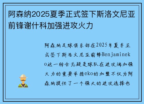 阿森纳2025夏季正式签下斯洛文尼亚前锋谢什科加强进攻火力