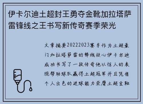 伊卡尔迪土超封王勇夺金靴加拉塔萨雷锋线之王书写新传奇赛季荣光 伊卡尔迪土超封王勇夺金靴加拉塔萨雷锋线之王书写新传奇赛季荣光